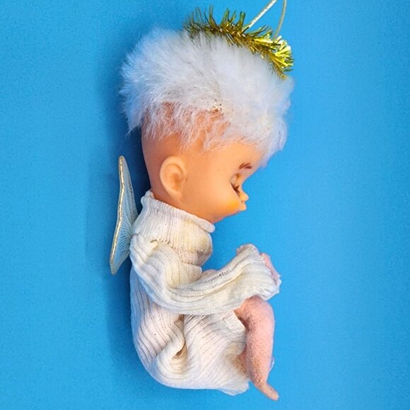 Vintage 1950s Shabby Pixie Angel Ornament Felt Knee Hugger Tinsel Sleepy Eyes - Picture 6 of 9